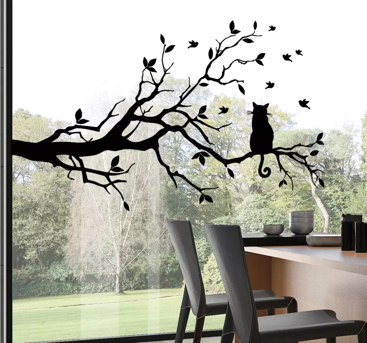 Cat on tree silhouette window sticker - TenStickers