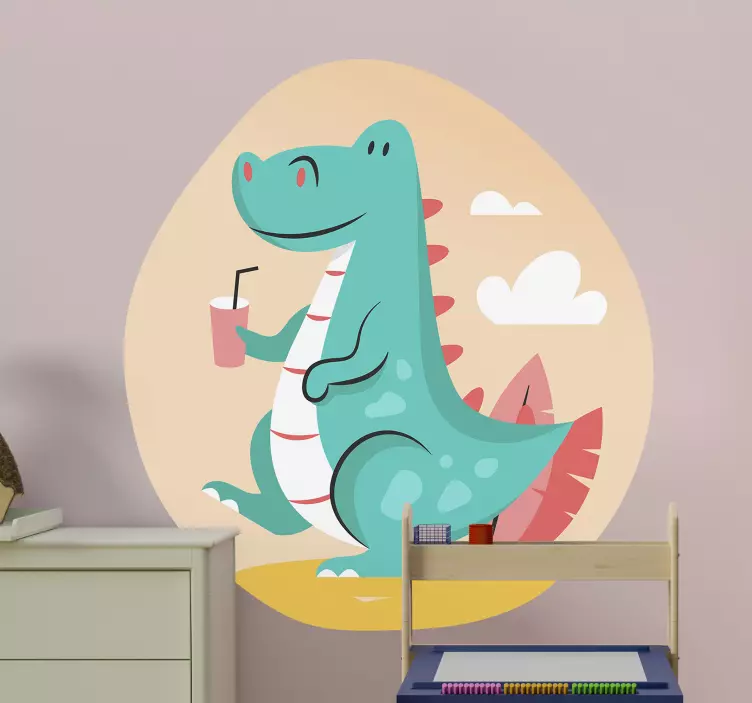 Cheerful Dinosaur Enjoying Beverage wall stickers for kid - TenStickers