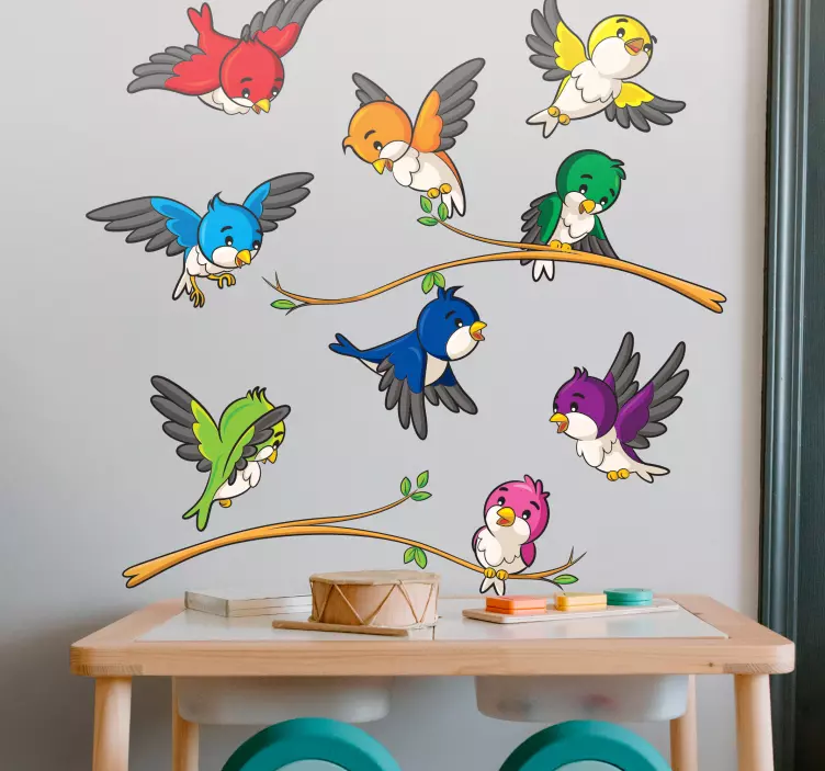 Colorful little birds on branches flying  decal - TenStickers