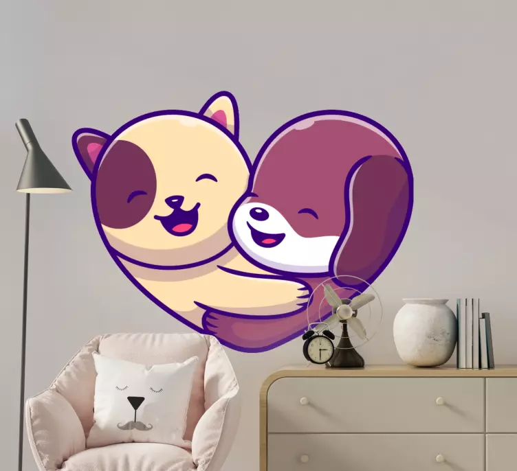Cute dog and cat logo cartoon bedroom decal - TenStickers