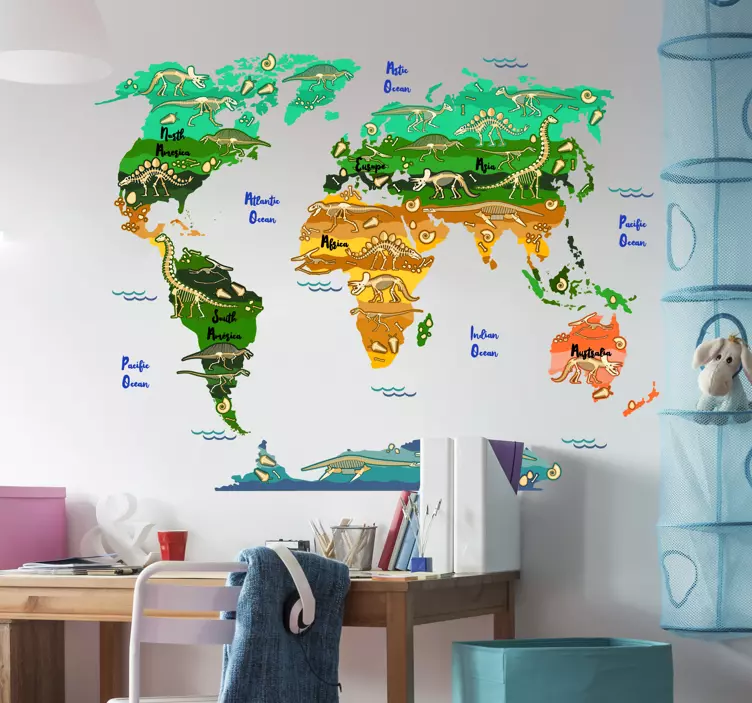Educational world map of dinosaur wall sticker - TenStickers