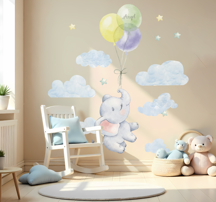 Elephant with baloon and name childrens' wall stickers - TenStickers