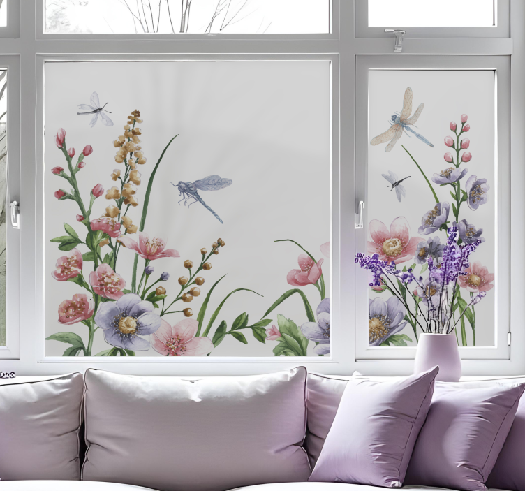 Flowers and dragonflies window sticker - TenStickers
