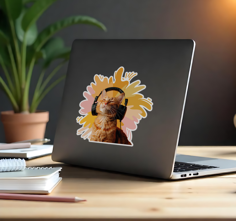 Happy cat with headphones Laptop sticker - TenStickers