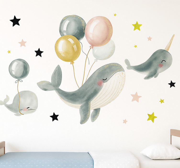 Happy whales with balloons wall mural sticker - TenStickers