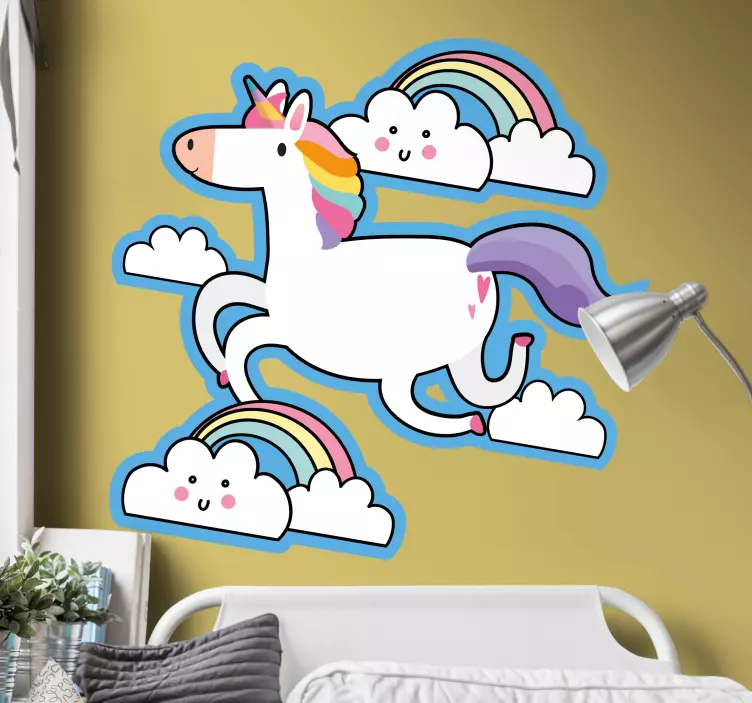 Unicorn running with clouds wall stickers for kid - TenStickers