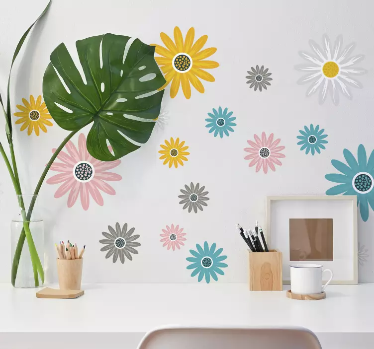 Set of colorful daisies flower wall decal - TenStickers
