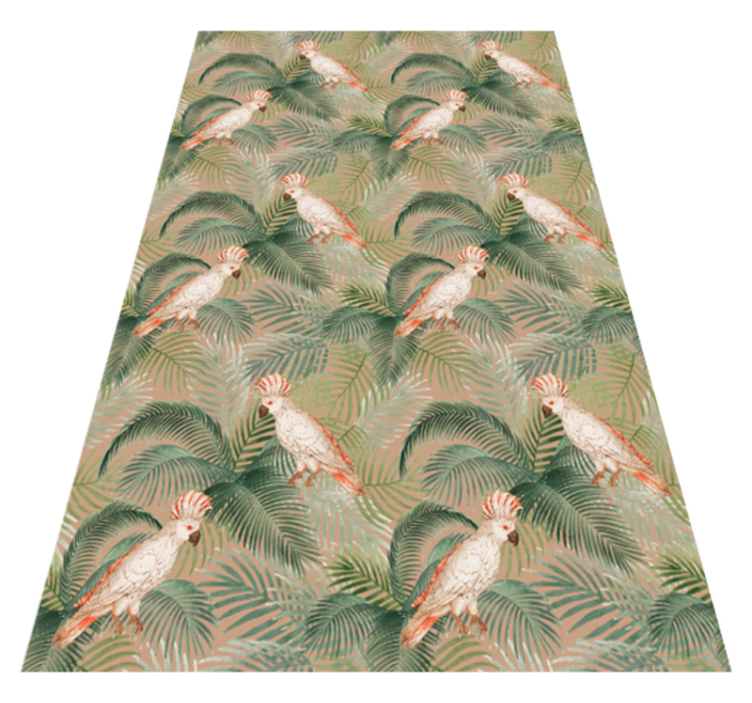 Animal vinyl rug featuring white parrots on beige palms - TenStickers