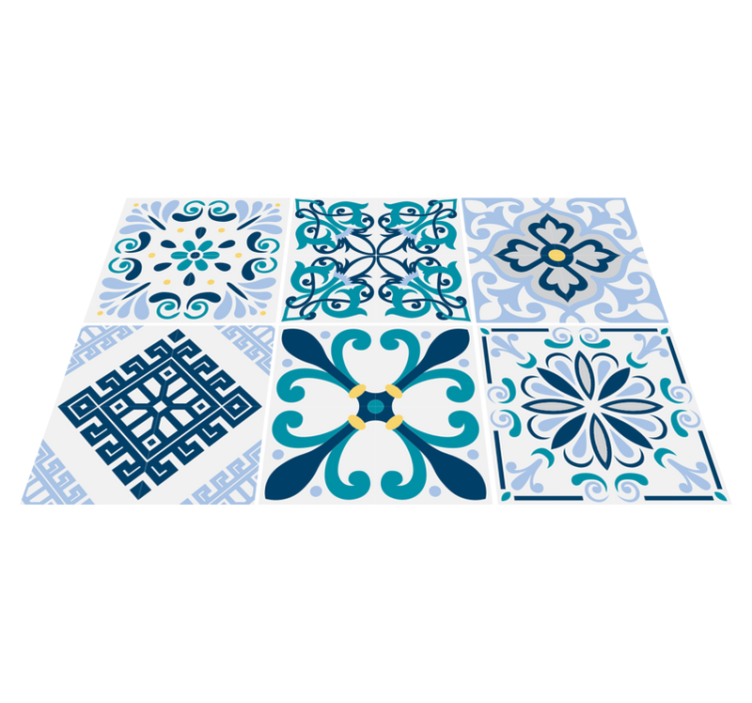Kitchen vinyl rug with blue floral tiles - TenStickers