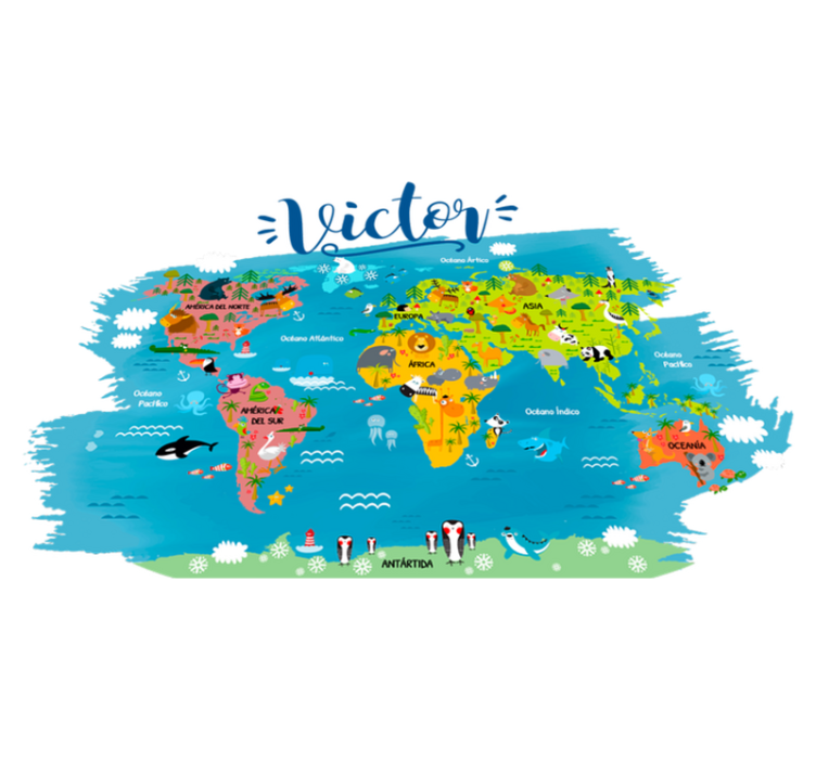 World map vinyl rug with animals in spanish - TenStickers