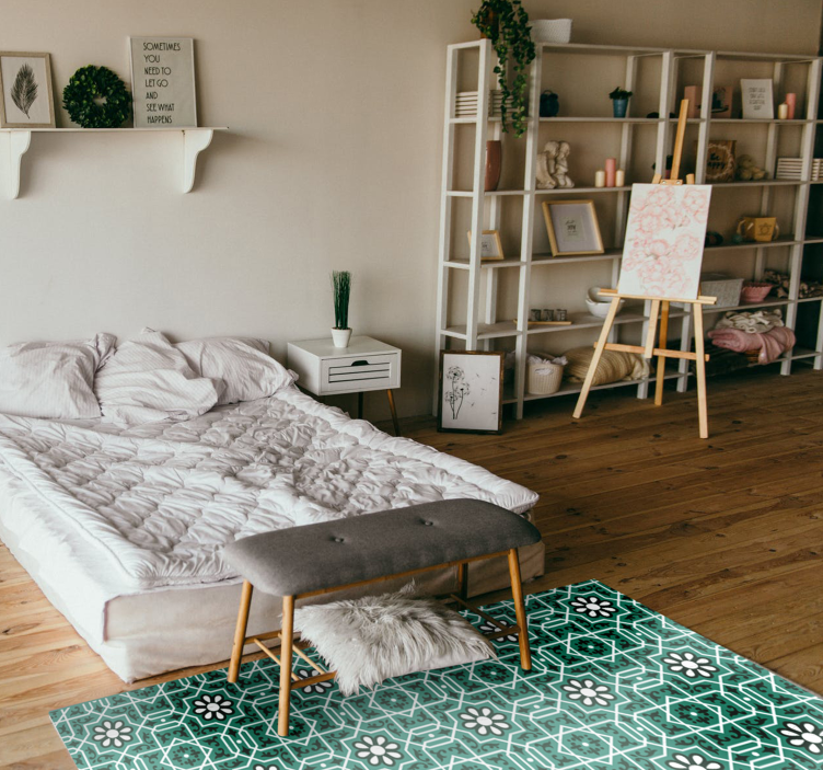 green floral tiles kitchen mat - TenStickers