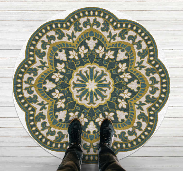 Circular green floral motif mandala vinyl rug - TenStickers