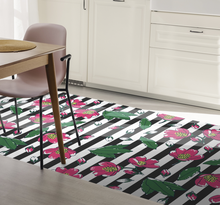 Pink Floral, Black and White Stripes vinyl rug - TenStickers