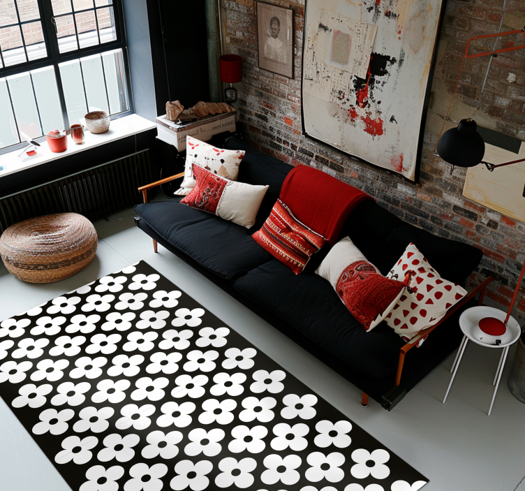 Simple flower shapes black vinyl rug - TenStickers