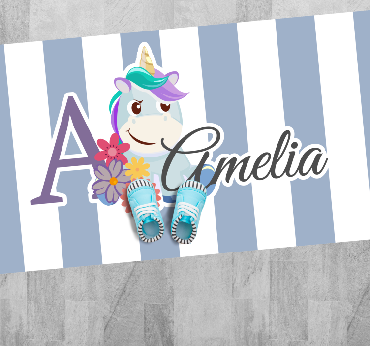 Striped unicorn with name kids vinyl rug - TenStickers
