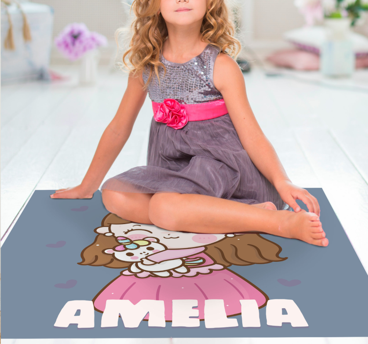 Princess hugging unicorn with name kids vinyl rug - TenStickers