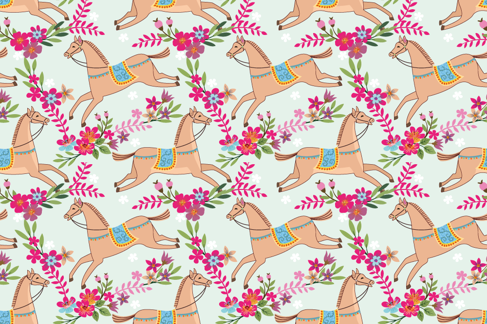 Animal vinyl rug with pink floral horse design - TenStickers