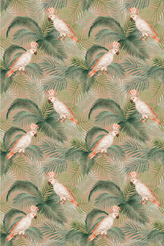 Animal vinyl rug featuring white parrots on beige palms - TenStickers