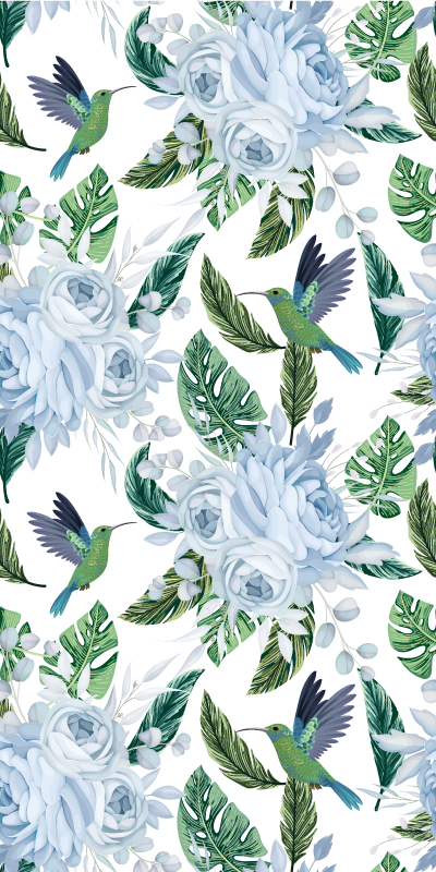 Floral vinyl rug with blue garden flowers and birds - TenStickers