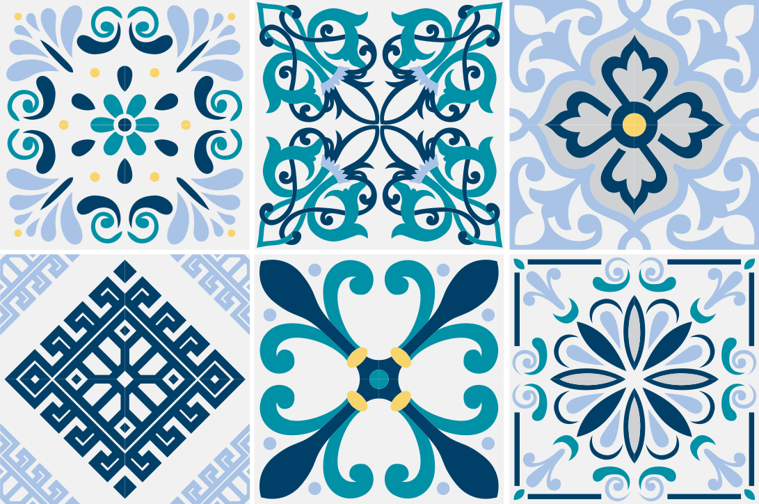 Kitchen vinyl rug with blue floral tiles - TenStickers