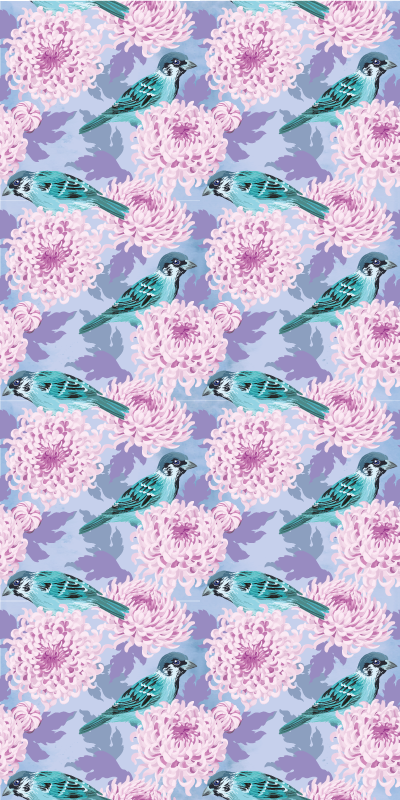 Floral vinyl rug with pink garden flowers and birds - TenStickers