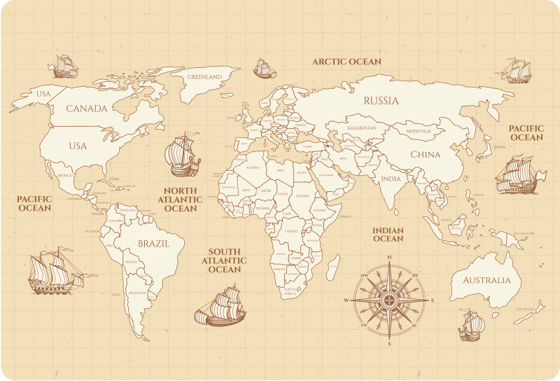 World map vinyl rug antique world map with countries - TenStickers