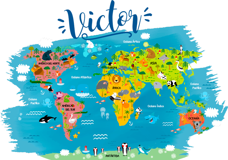 World map vinyl rug with animals in spanish - TenStickers