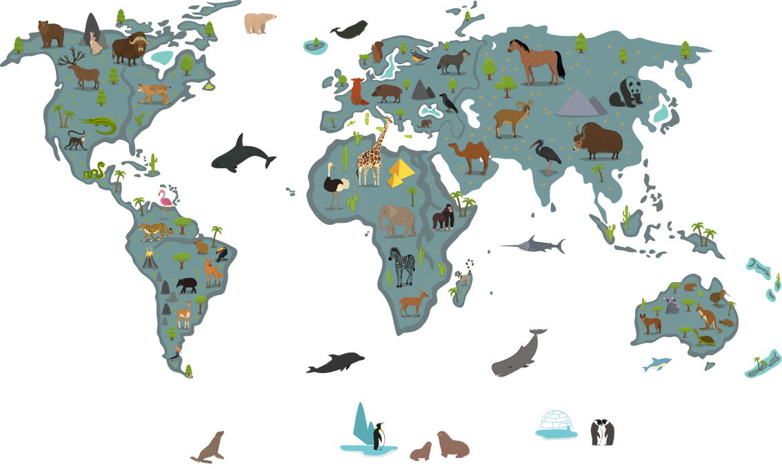 World map vinyl rug in playful colors with animals - TenStickers