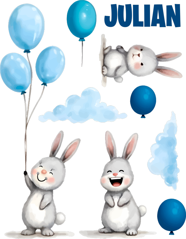 Kids vinyl rug with blue balloons and bunnies - TenStickers