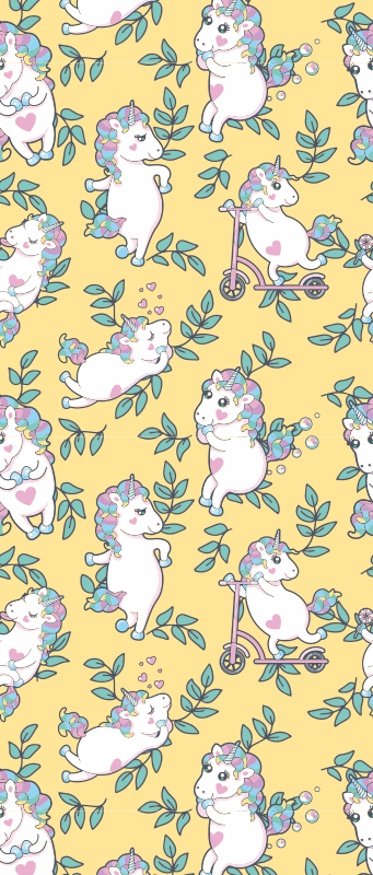 Bedroom vinyl rug with cute unicorns and green leaves - TenStickers