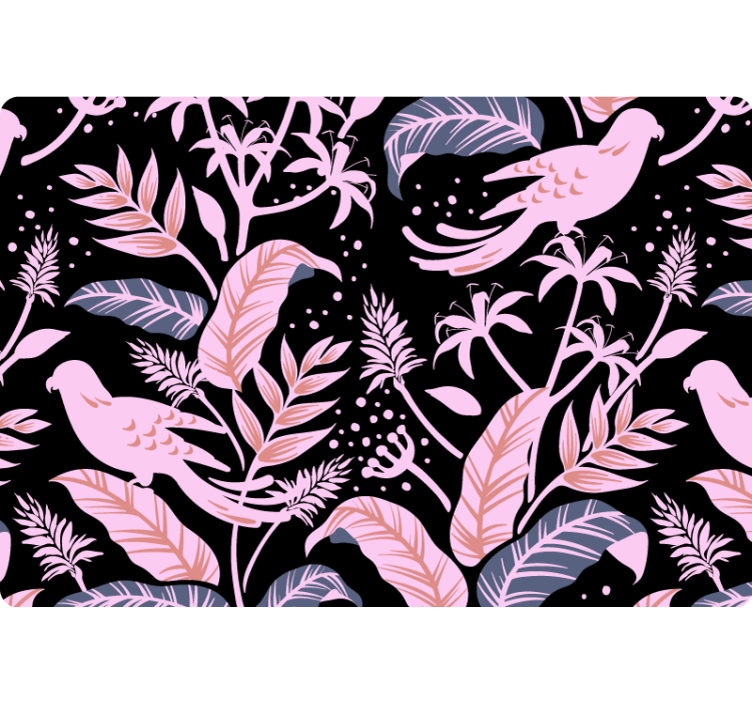 Nature wallpaper with black and pink birds on leaves - TenStickers