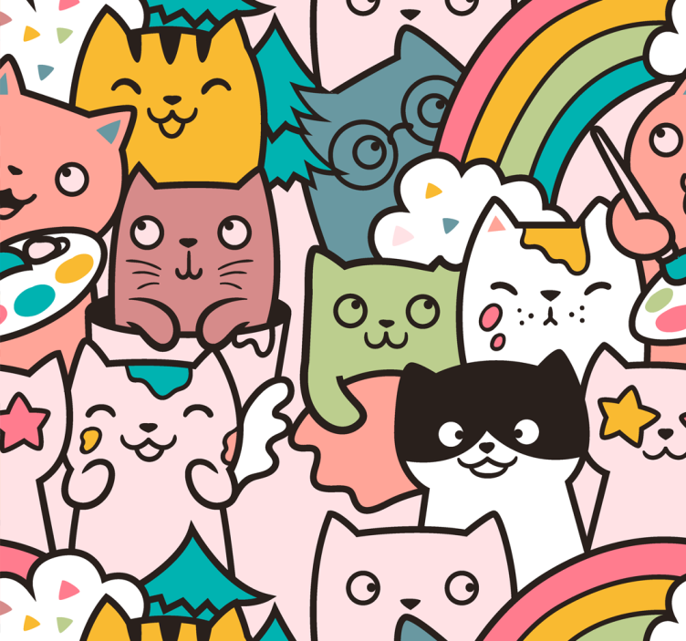 Cat doodle pastel colors pattern wall paper in bedroom - TenStickers