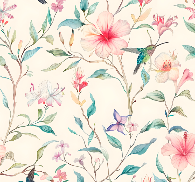Flowers and hummingbirds pattern floral wallpaper - TenStickers