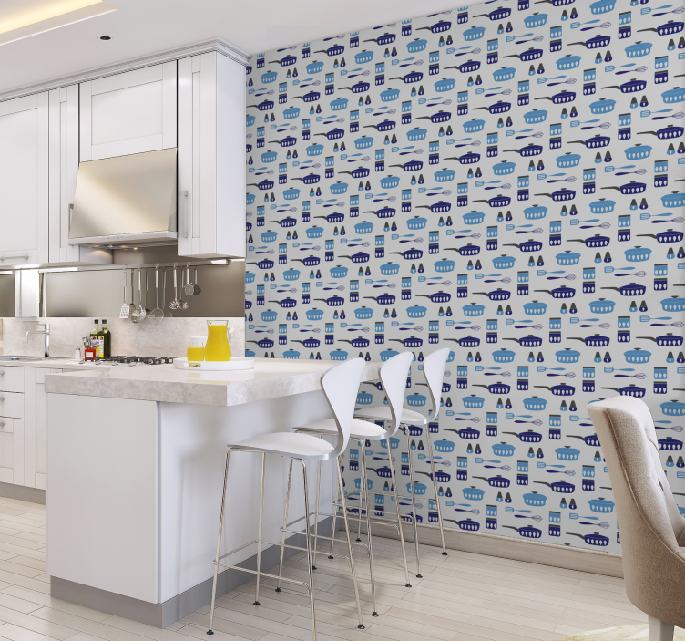 Blue utensils pattern kitchen wallpaper - TenStickers