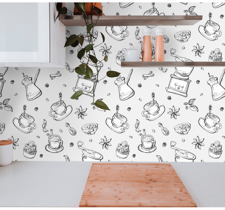 Coffee Motif Sketch kitchen wallpaper - TenStickers