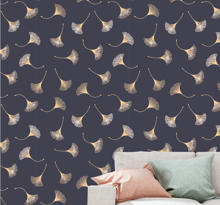 Grey elegant Ginkgo motif leaves wallpaper - TenStickers