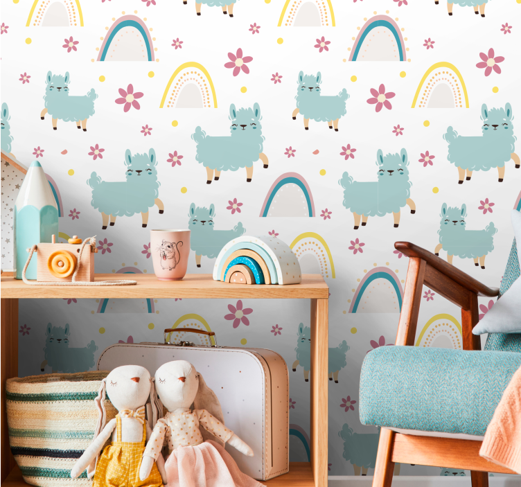 Alpaca Rainbow Pattern nursery room wallpaper - TenStickers