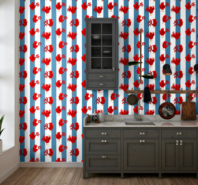 Blue white striped roosters Kitchen Wallpaper - TenStickers