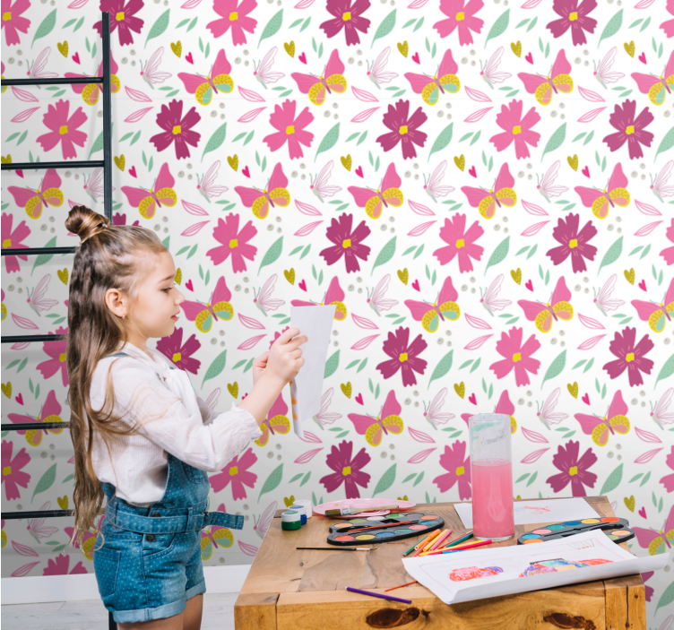 Colorful floral pattern butterflies wallpaper - TenStickers