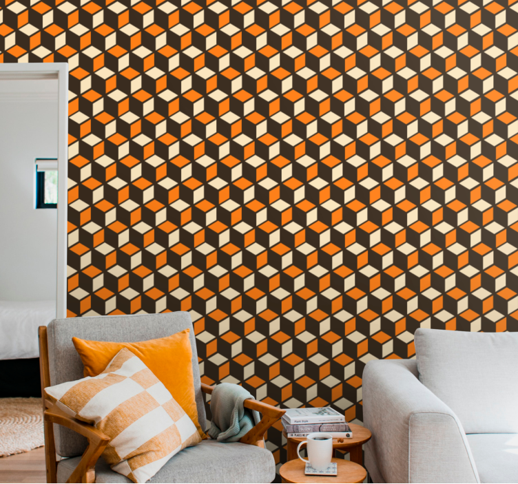 Cubical 3D orange pattern wallpaper geometric - TenStickers