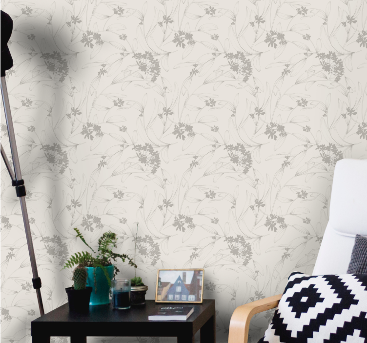 Beige outline pattern flowers wallpaper - TenStickers