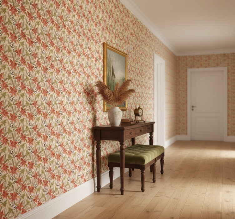 Hallway wallpaper with colorful vintage lilies pattern - TenStickers