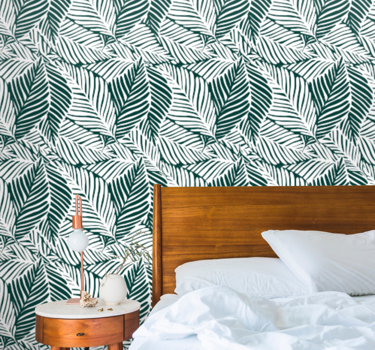 Green bedroom motif leaves wallpaper - TenStickers