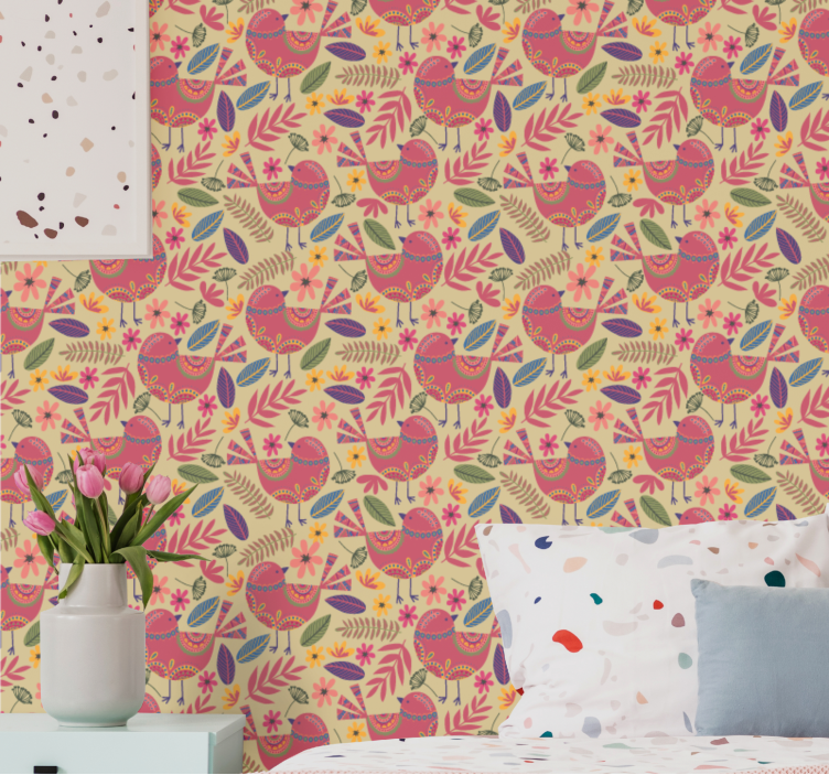 Ornamental Avian floral wallpaper - TenStickers