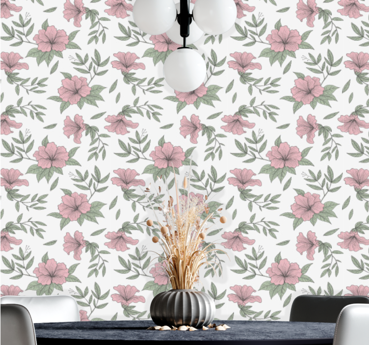Pink floral motif wallpaper for dining area - TenStickers