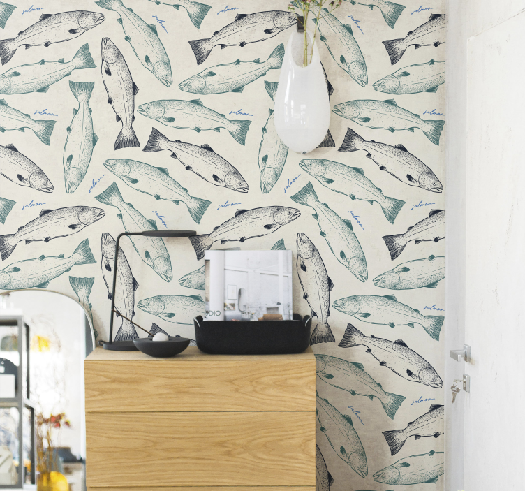 Salmon Illustration fishes wallpaper - TenStickers