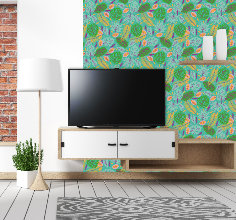 Tropical leaf scene living area wallpaper - TenStickers